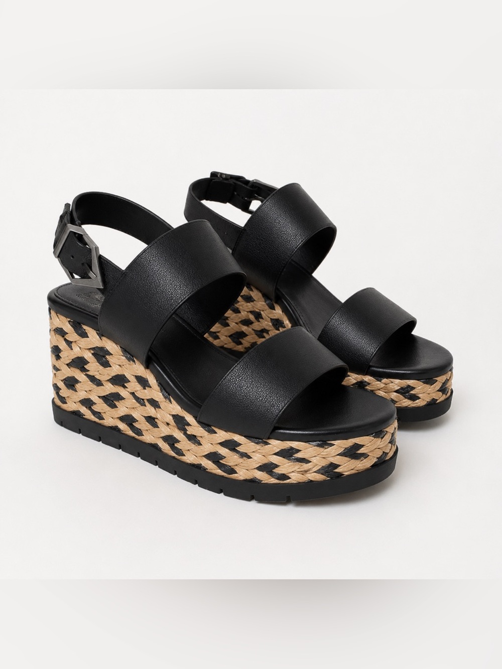 Vince Camuto Black Woven Platform Wedge Sandals Lug Sole Buckle 9.5M